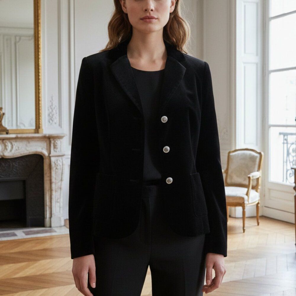 Jessica Howard Black Cotton Velvet Jacket Rhinestone Button Evening Blazer 10